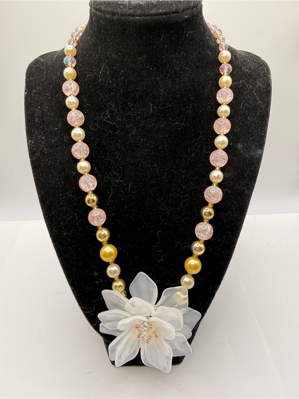 Handmade Pink Crystal Pearl & Floral Statement Necklace 18”